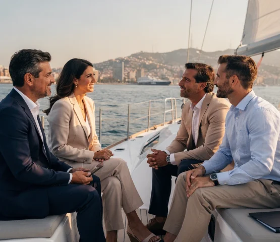 Quattro professionisti conversano su uno yacht di lusso al tramonto di fronte alla costa
