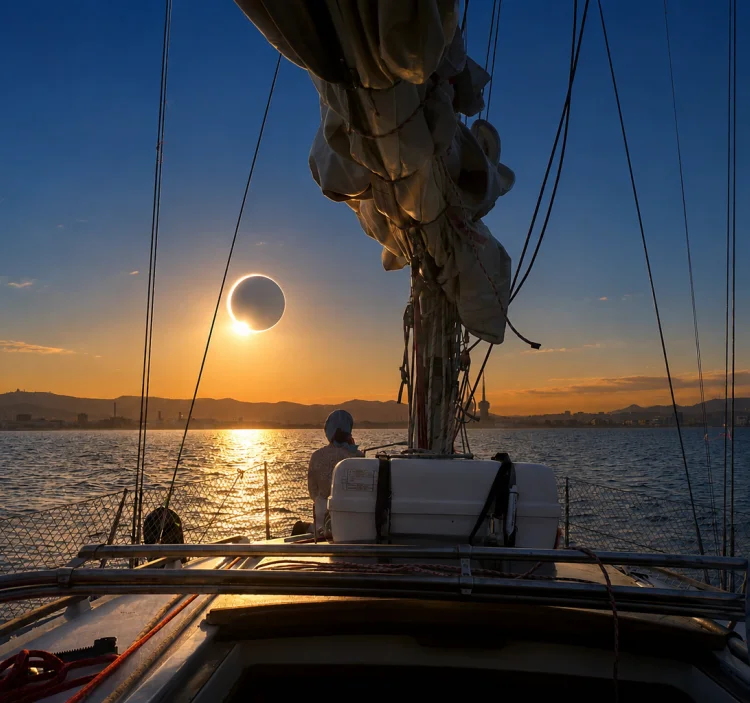 Persona en la proa de un velero observando un eclipse de Sol al atardecer frente a la costa de Barcelona